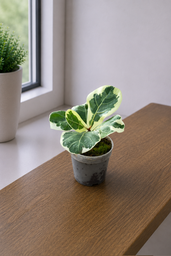 Ein kleiner panaschierter Ficus auf einem Holzbrett