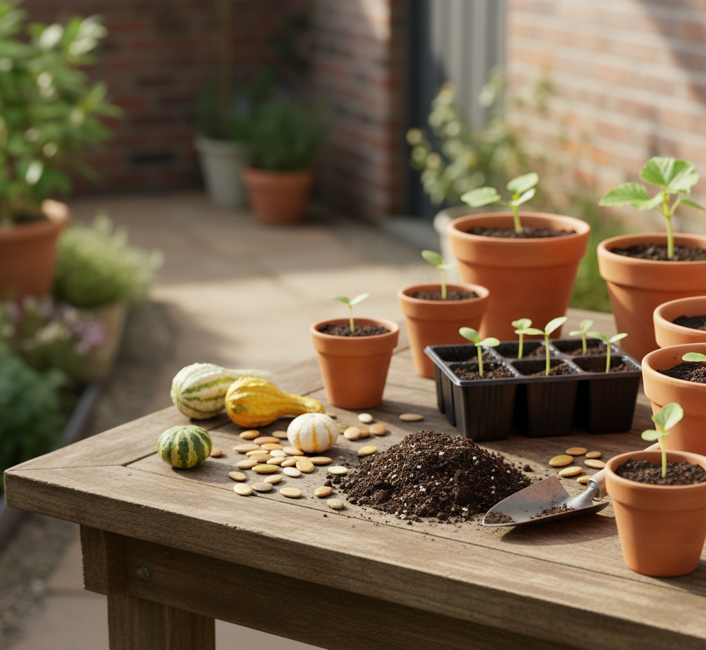 Kürbissaussaat auf einem Holztisch in Töpfen
