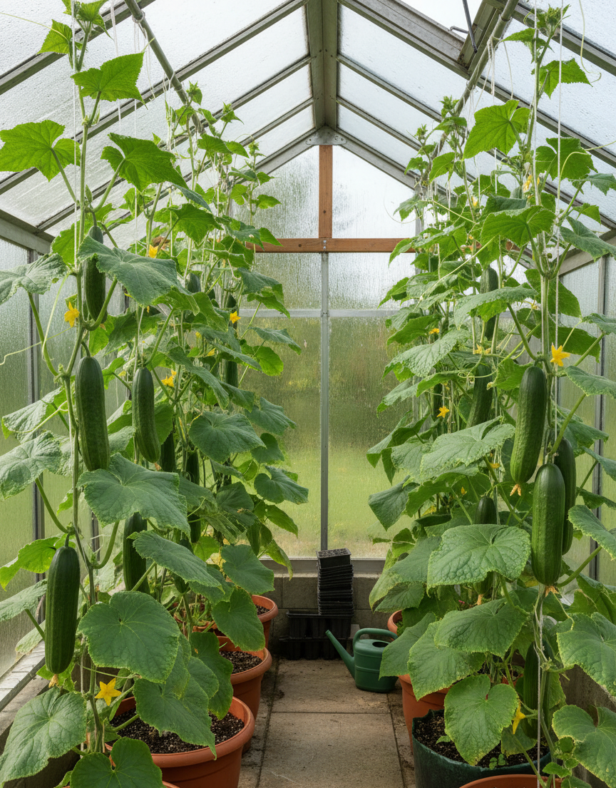 Reihen hochgeleiteter Salatgurken im Gewächshaus: dunkelgrüne, lange Früchte an kräftigen Pflanzen, bewässert mit Gießkanne.